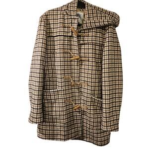 Zara Hooded Plaid Wool Blend Duffle Coat Toggle Closure Jacket L/XL Women